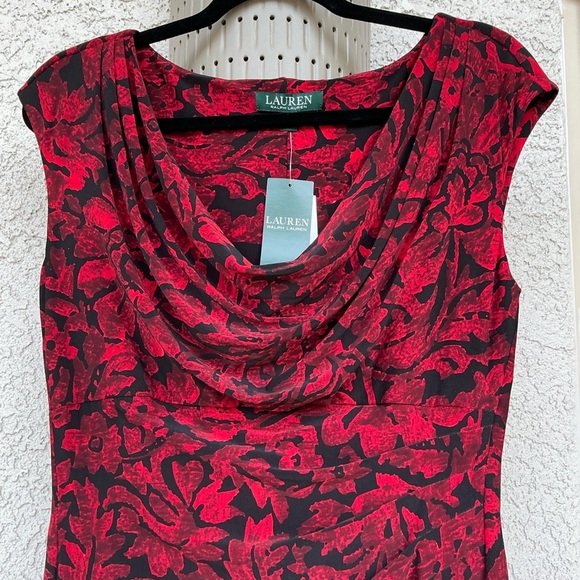 NWT Ralph Lauren Cowl Neck Jersey Sheath Floral Midi Dress Size 10 Cocktail Red - Picture 4 of 9